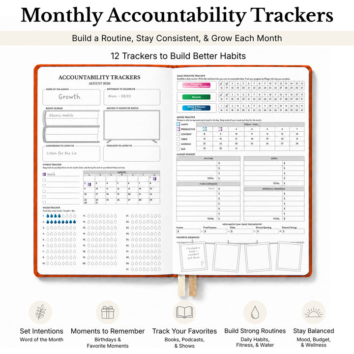 Planner opened to the accountability trackers designed to build a routine and grow each month 