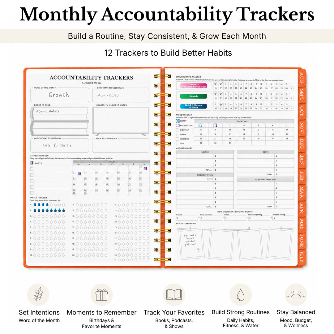 planner opened to the accountability trackers with information callouts 