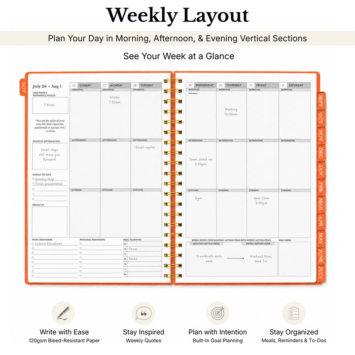 Monthly layout in planner opened on white background with information callouts 