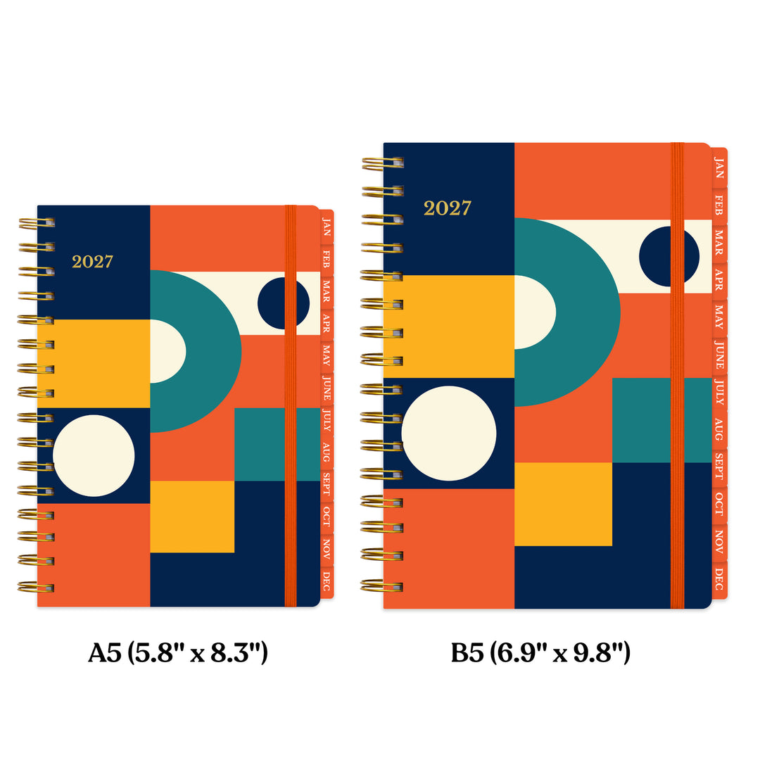 Size comparison between spiral-bound planner with geometric design on a white background 