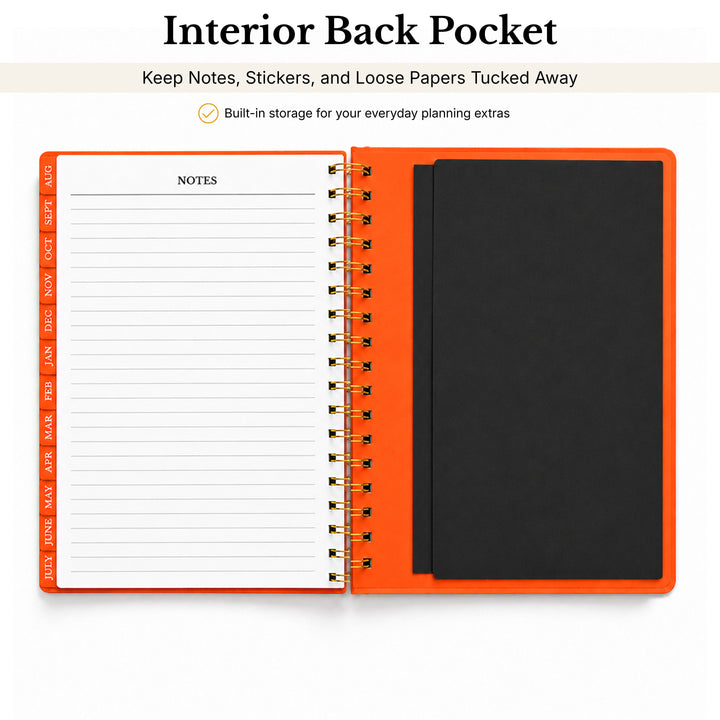 Planner with an interior back pocket for storage on a white background 