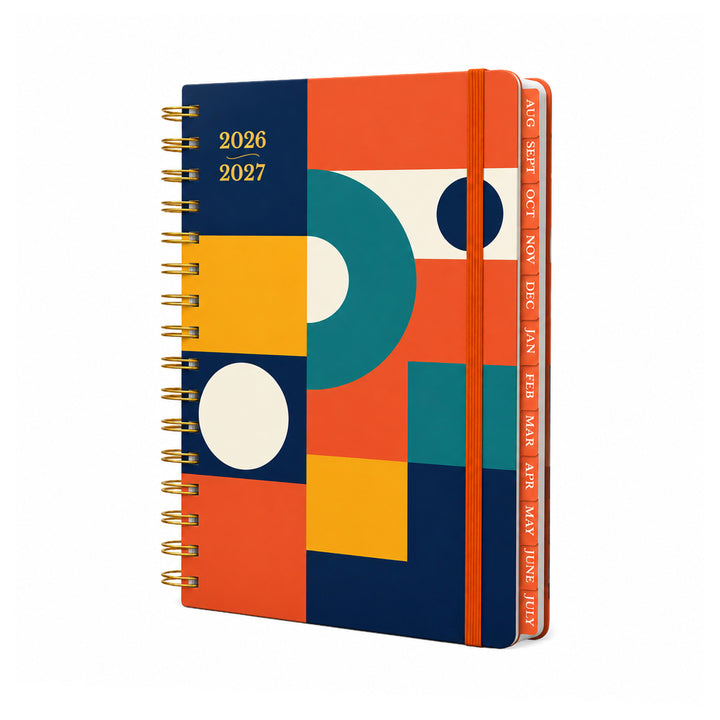 Colorful geometric-patterned planner with 2026-2027 dates on a white background 