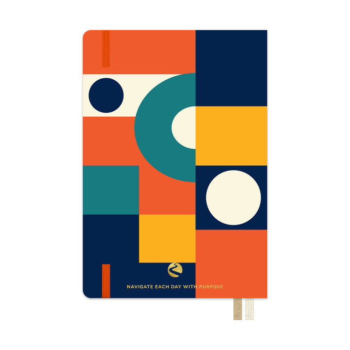 Colorful geometric notebook with a motivational quote on a white background 
