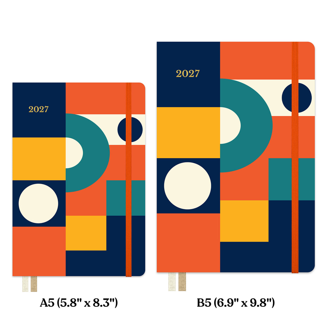 Two colorful planners with geometric designs on a white background 