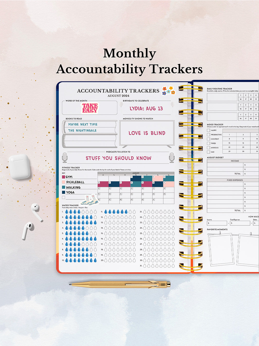 The August 2024 Monthly Accountability Trackers in the 2024-2025 Academic Gold Spiral Planner.