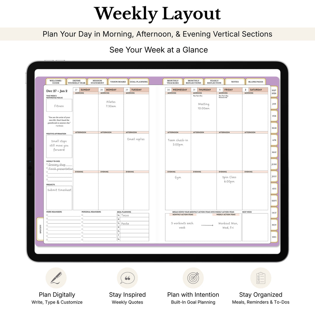 Weekly calendar layout in the 2027 digital planner with callouts and information 