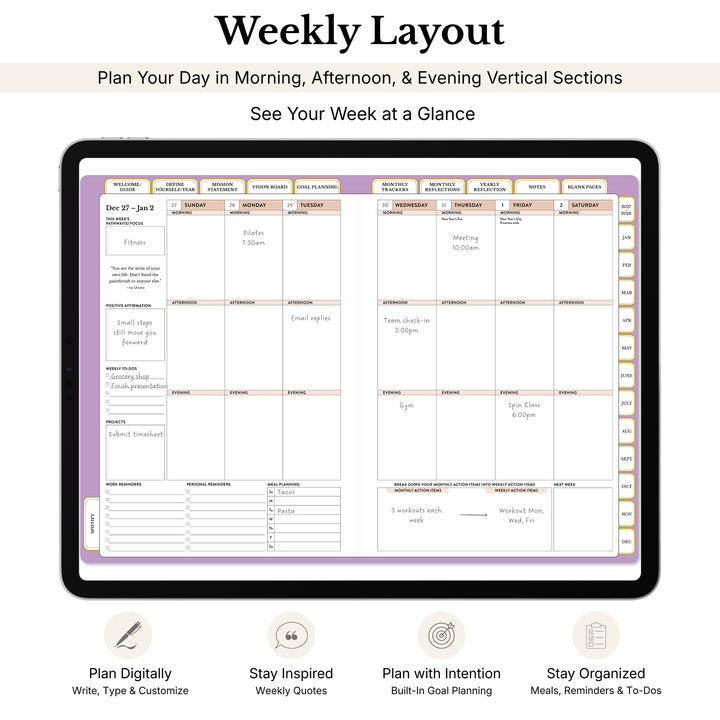 Weekly calendar layout in the 2027 digital planner with callouts and information 