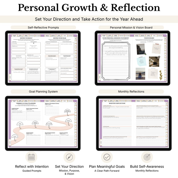 Personal growth and reflection planner with various sections on a white background 