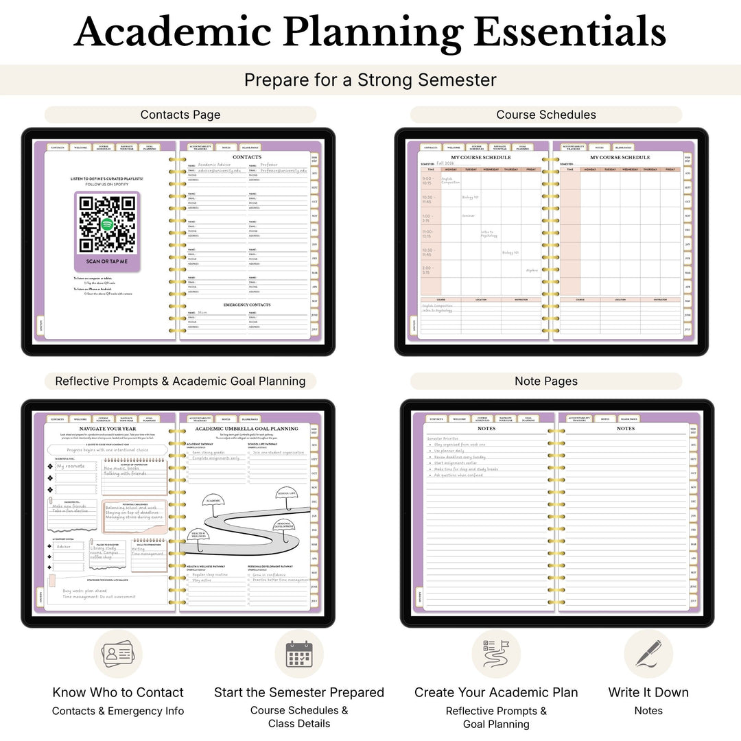 Academic planner with various sections for planning and organizing academic tasks. 