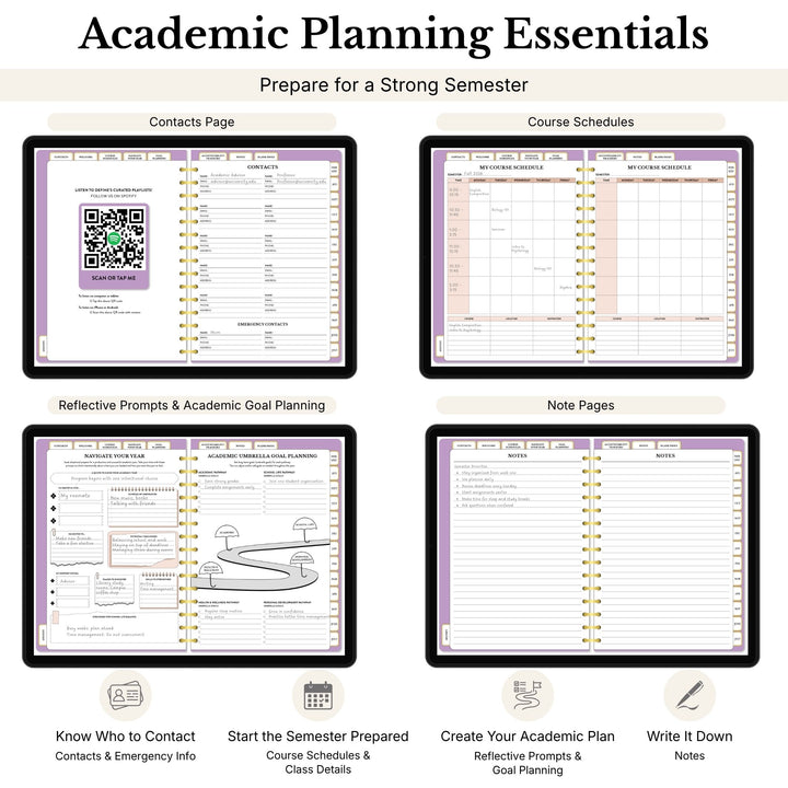 Academic planner with various sections for planning and organizing academic tasks. 