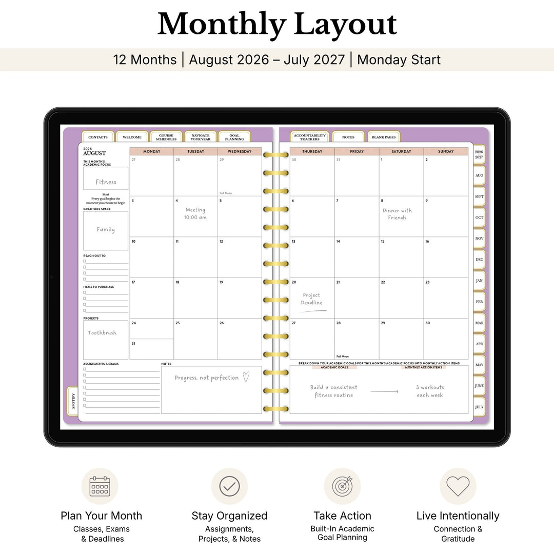 Purple monthly planner with open pages showing a layout for August 2026 to July 2027, with text indicating features like &