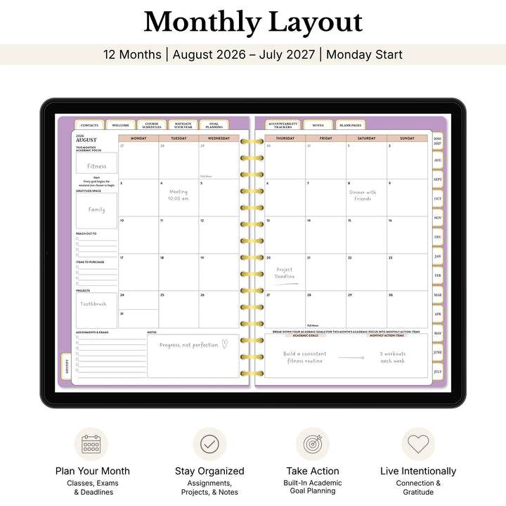 Purple monthly planner with open pages showing a layout for August 2026 to July 2027, with text indicating features like &