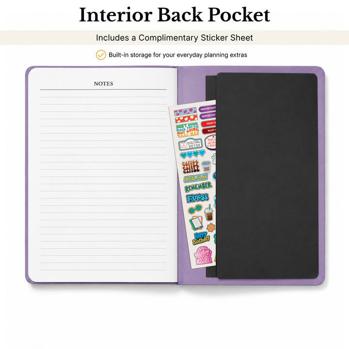 A planner or notebook shown open to display the interior back pocket feature. The cover is lavender purple, with a black pocket holding a sheet of colorful planner stickers. 