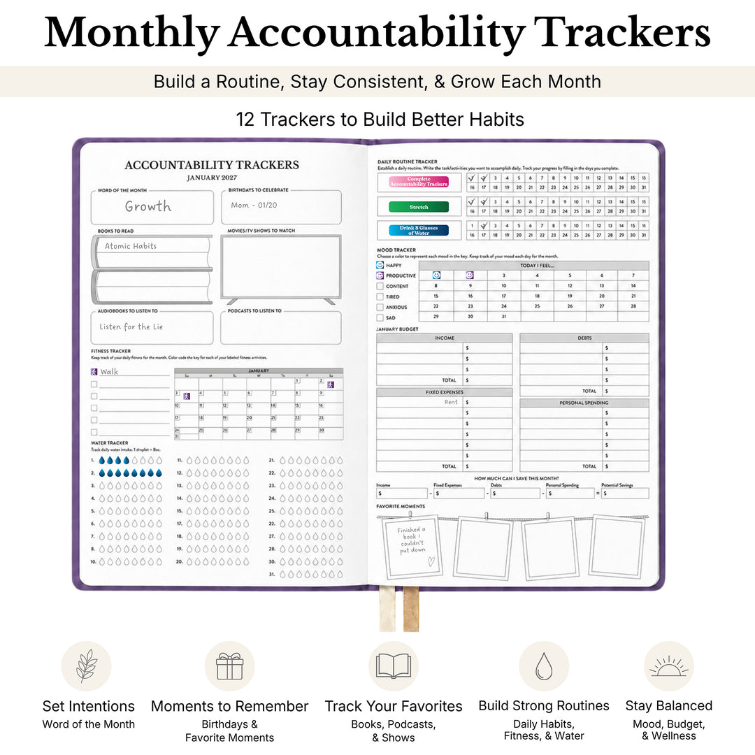 Monthly Accountability Tracker planner pages shown on a light gray background with marketing text at the top and feature icons at the bottom. The product appears to be printable or physical tracker sheets with sections for growth, habits, social media, finances, and routine tracking. 