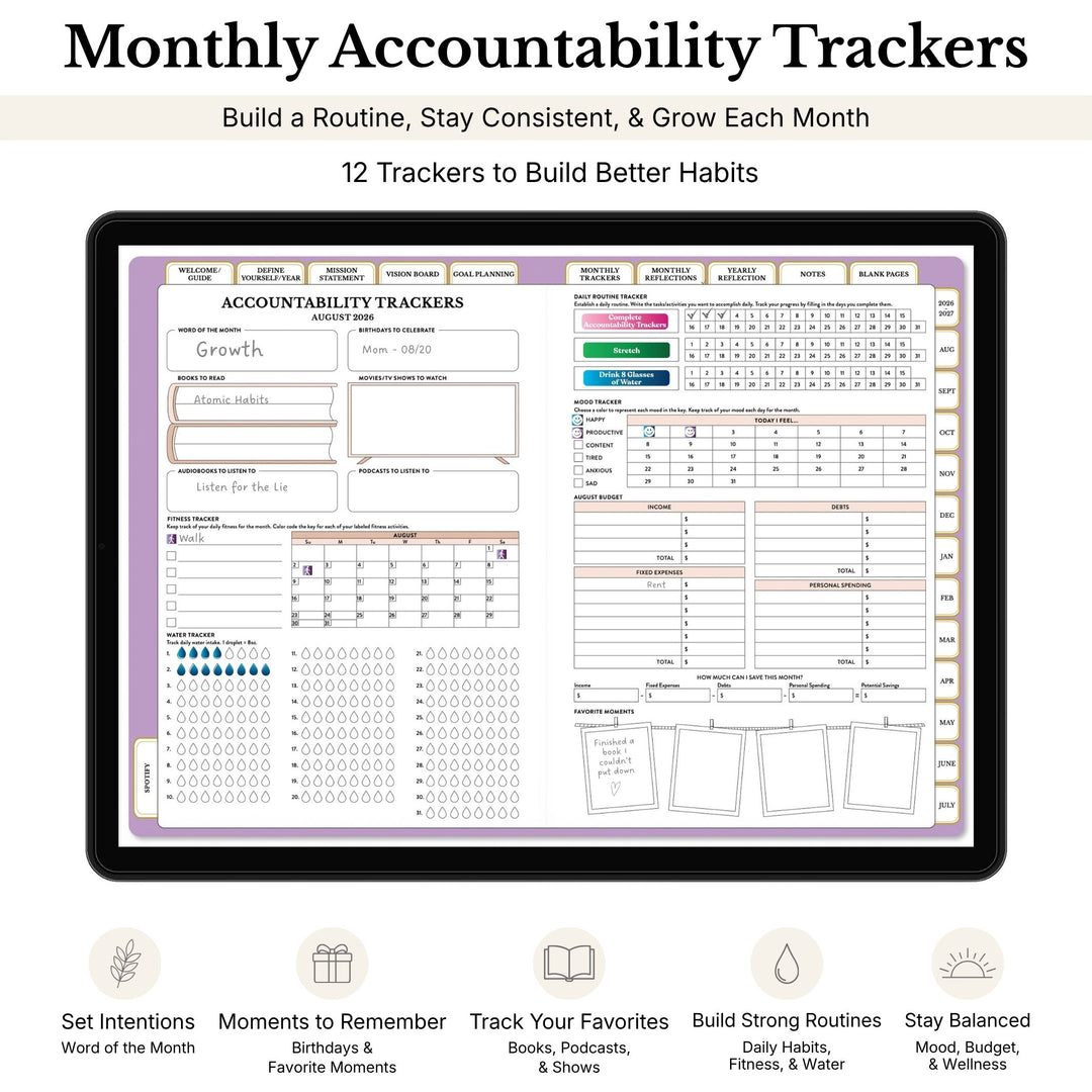 Monthly accountability tracker on a tablet screen with a beige background 