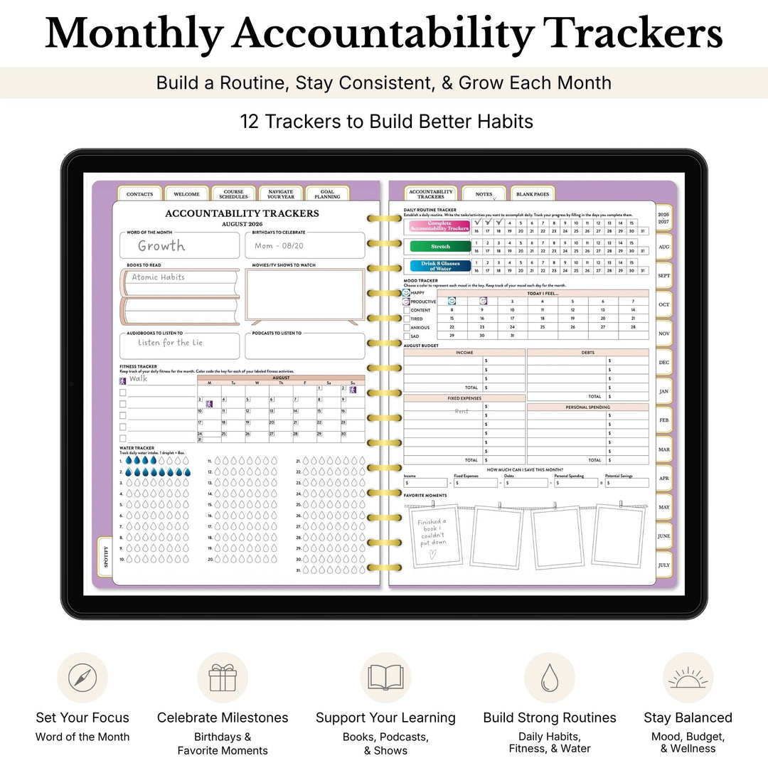 Monthly accountability tracker with various sections for building better habits on a white background. 