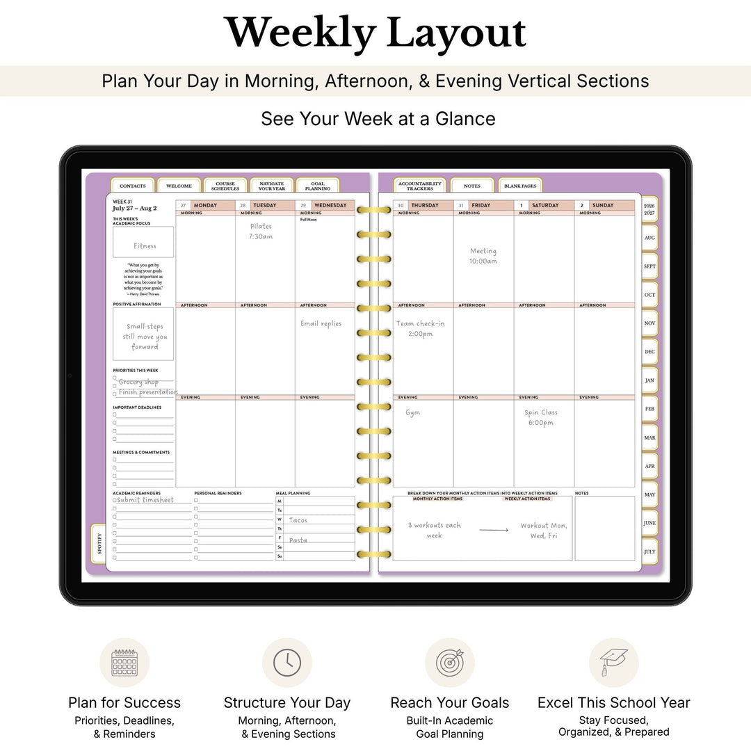 Weekly layout planner with morning, afternoon, and evening sections on a tablet screen. 