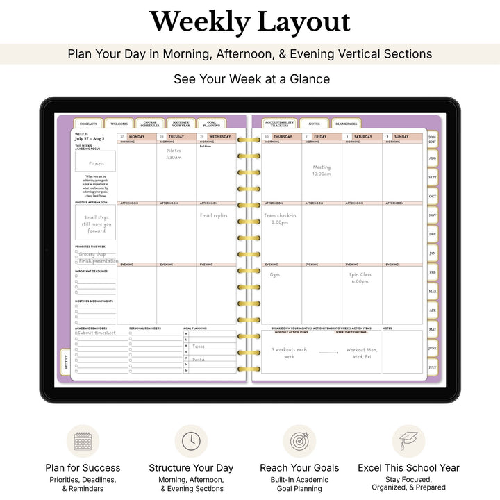 Weekly layout planner with morning, afternoon, and evening sections on a tablet screen. 