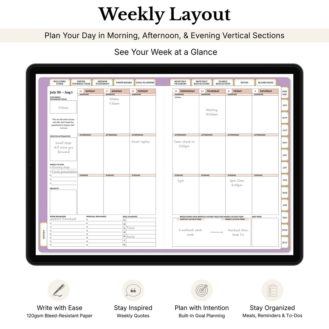 Weekly layout planner with time slots for morning, afternoon, and evening on a tablet screen. 