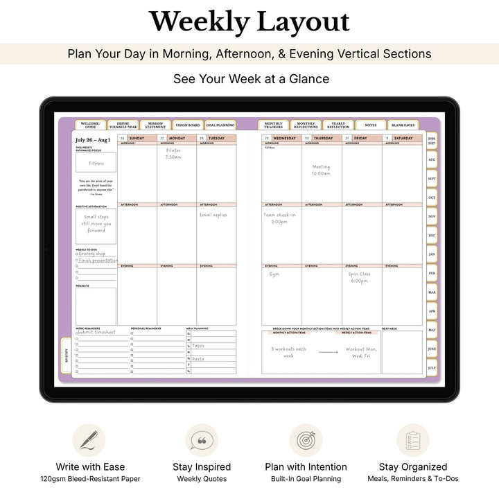 Weekly layout planner with time slots for morning, afternoon, and evening on a tablet screen. 
