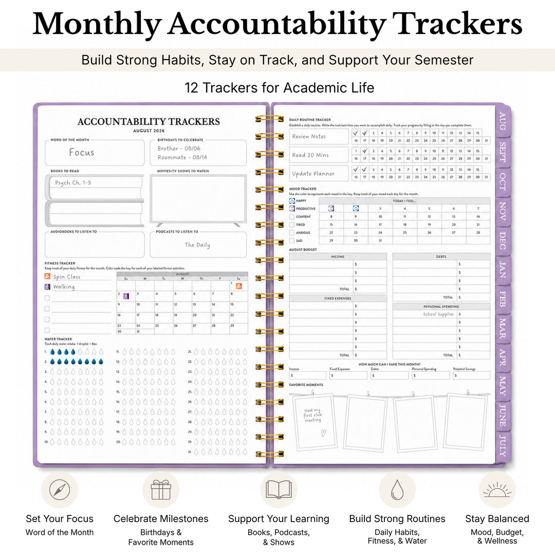 Planner opened to habit trackers for academic life to build strong habits 