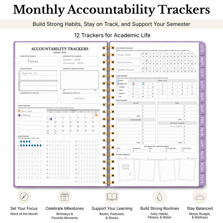 Planner opened to habit trackers for academic life to build strong habits 