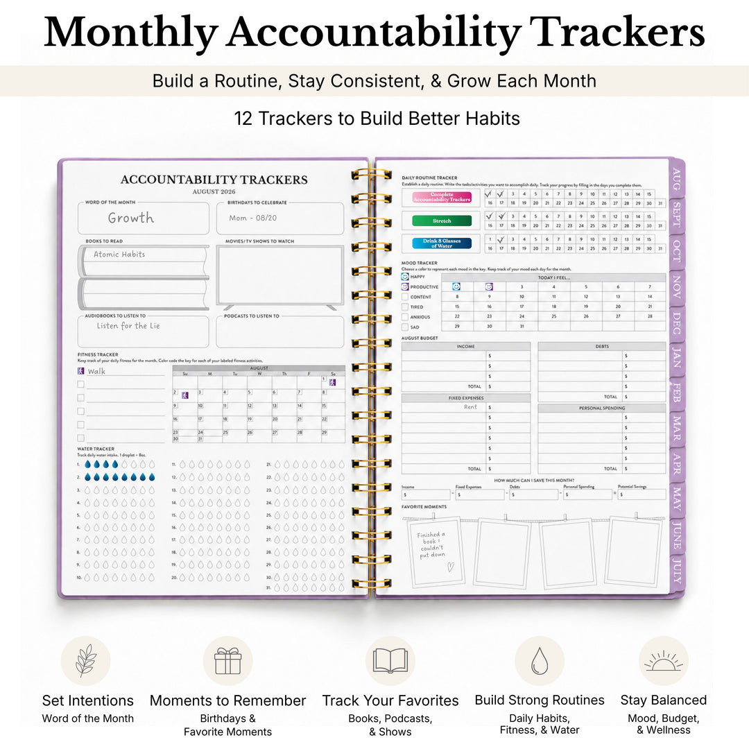 planner opened to 12 trackers page to help build better habits  