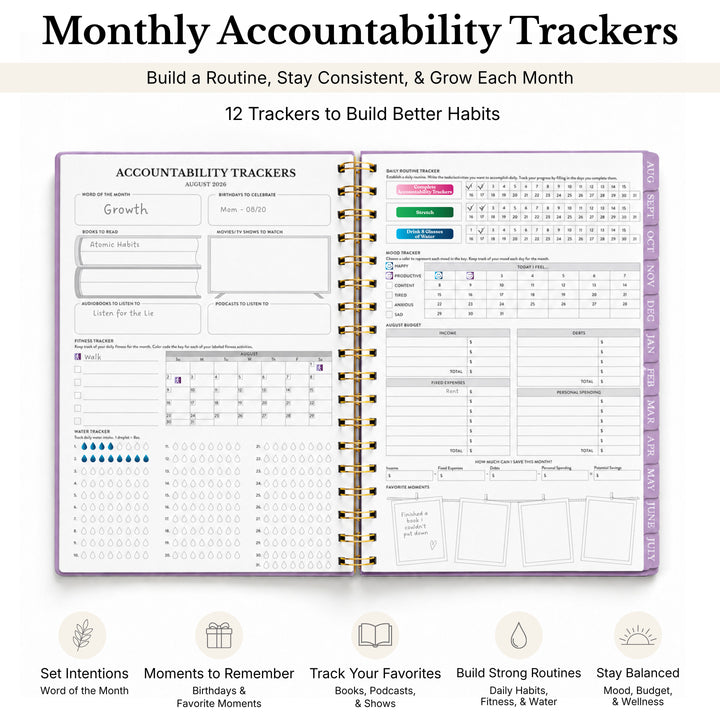 planner opened to 12 trackers page to help build better habits  
