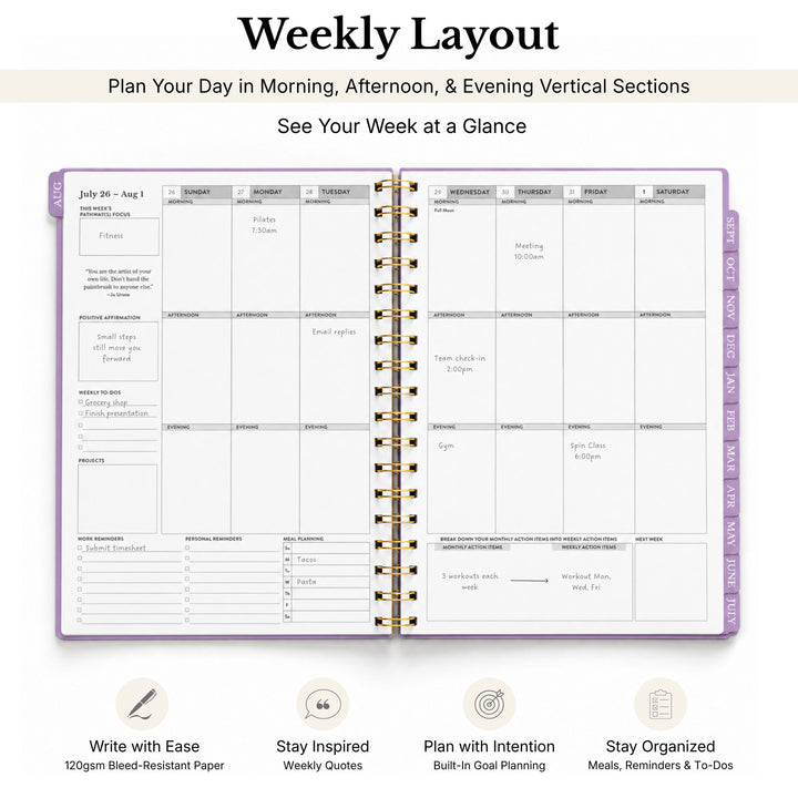 Weekly planner opened on white background with information callouts  