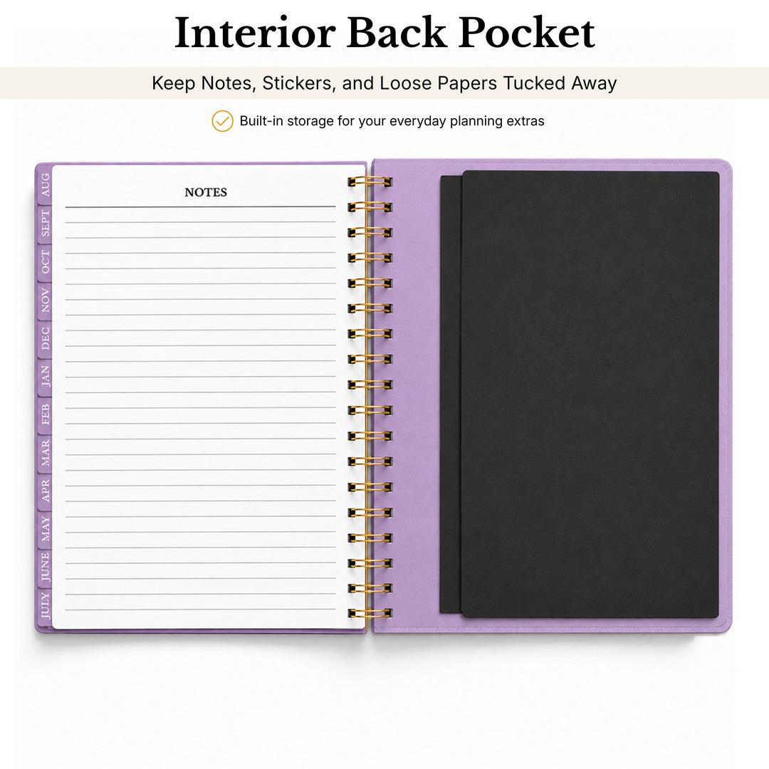 Purple planner with an interior back pocket for notes, stickers, and loose papers. 