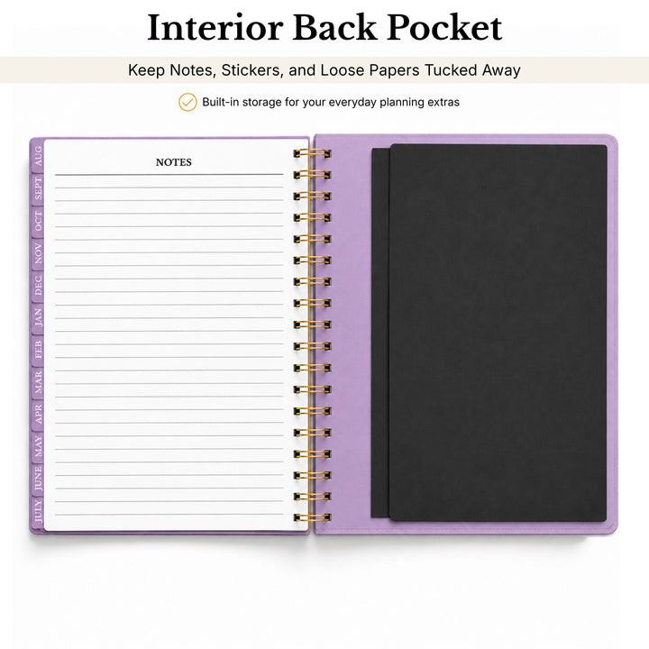 Purple planner with an interior back pocket for notes, stickers, and loose papers. 