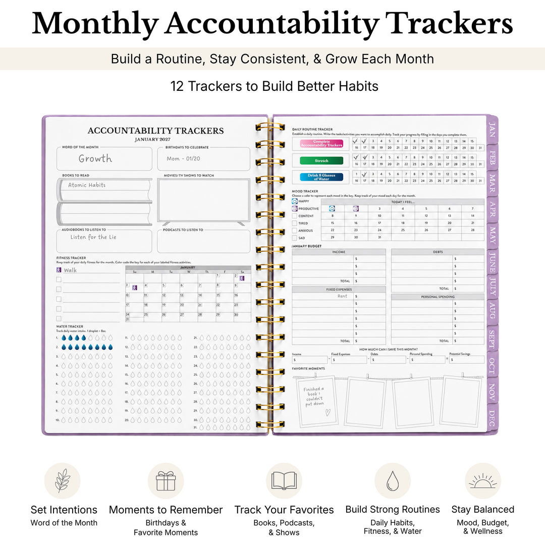 Monthly Accountability Tracker planner shown open in a spiral binder format, with multiple printable tracker pages visible and marketing text above and below on a white background. 