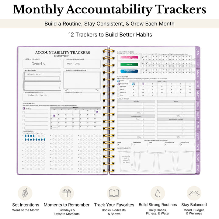 Monthly Accountability Tracker planner shown open in a spiral binder format, with multiple printable tracker pages visible and marketing text above and below on a white background. 