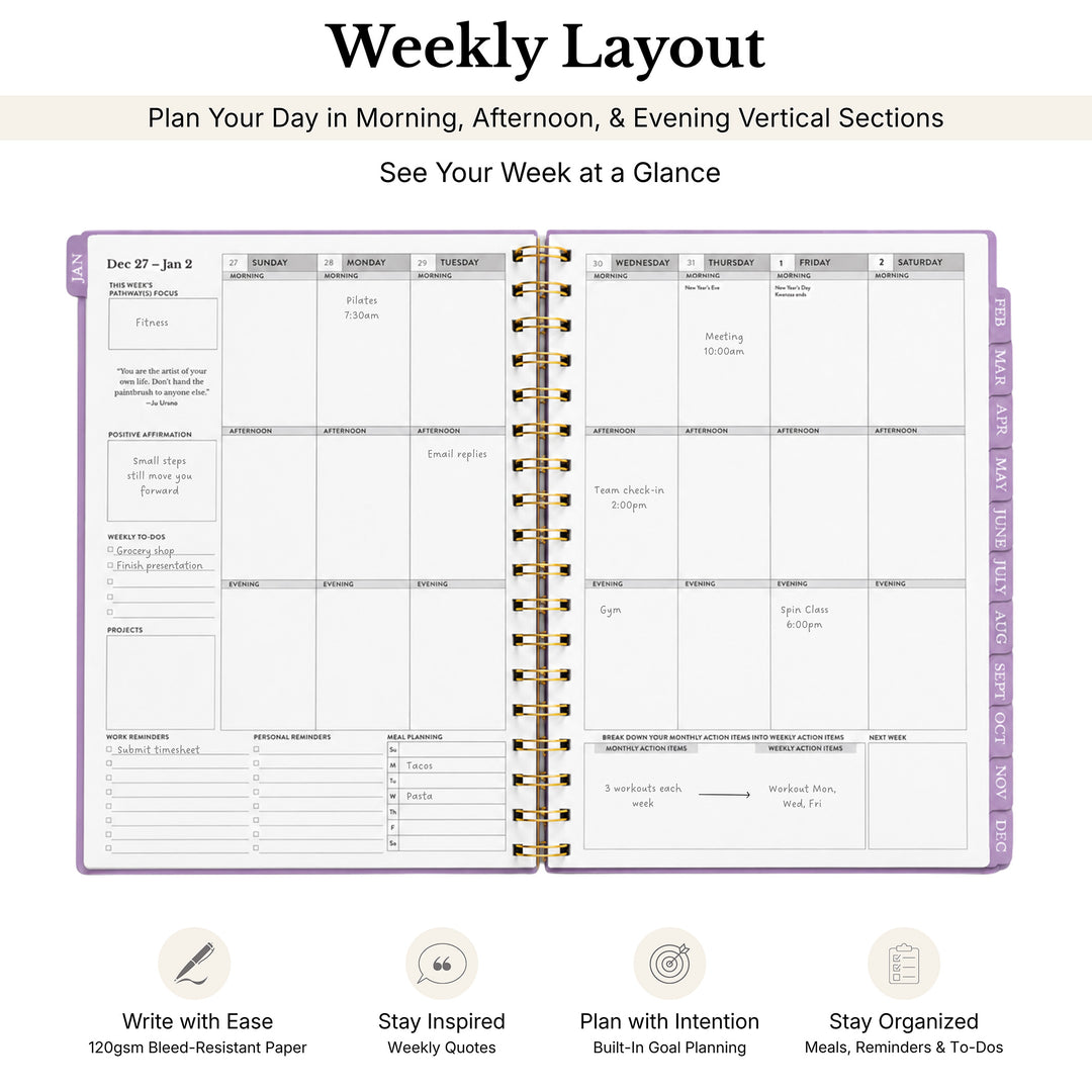 A weekly planner spreadout shown open in a spiral-bound layout with gold rings, featuring a clean white page with black text blocks and lavender accent borders. The image includes the heading &