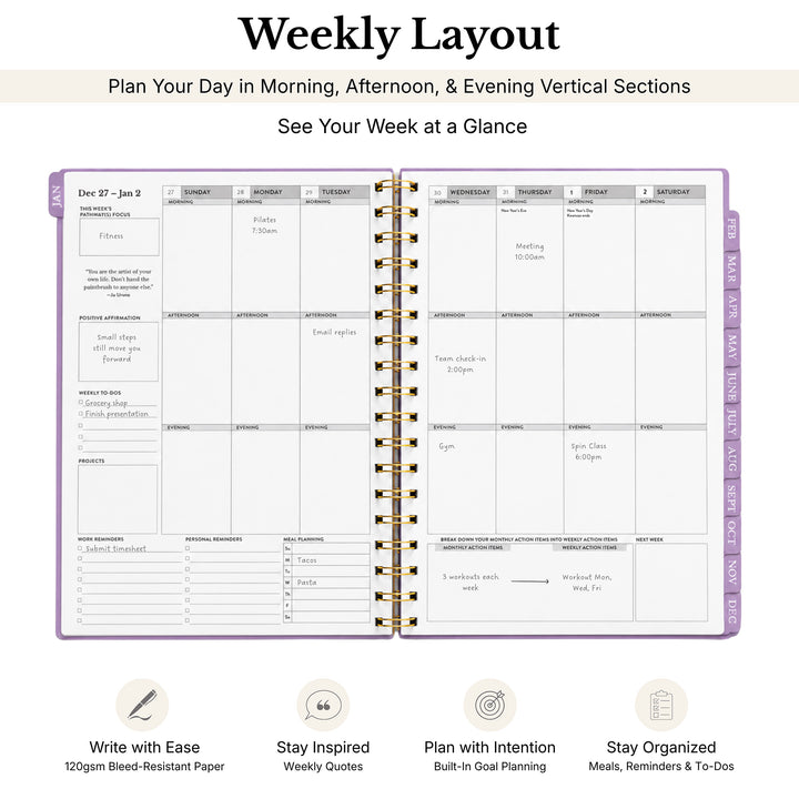 A weekly planner spreadout shown open in a spiral-bound layout with gold rings, featuring a clean white page with black text blocks and lavender accent borders. The image includes the heading &