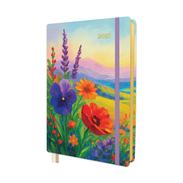 Colorful notebook with floral design and 2026-2027 text on a white background 