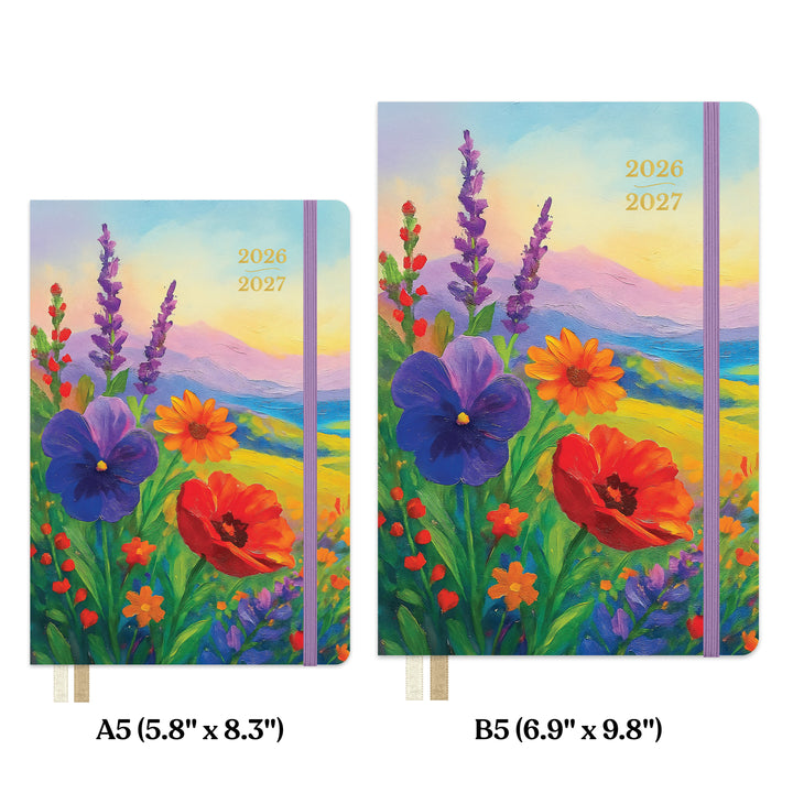 size comparison of two colorful planners with floral designs and dimensions labeled 