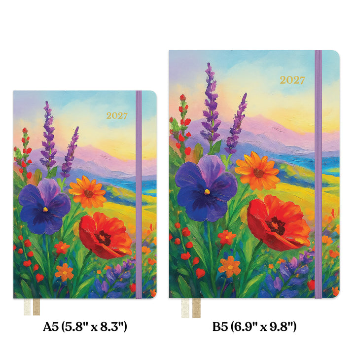 Two hardcover notebooks shown side by side with floral landscape artwork on the covers, labeled A5 (5.8" x 8.3) and B5 (6.9"x9.8") 