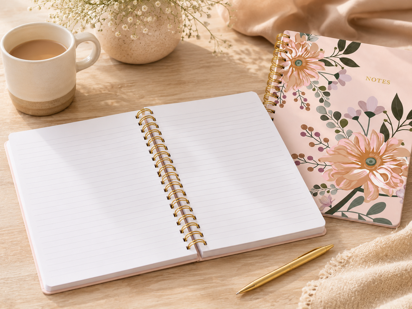 Open notebook with a floral notebook and cup of coffee on a wooden surface