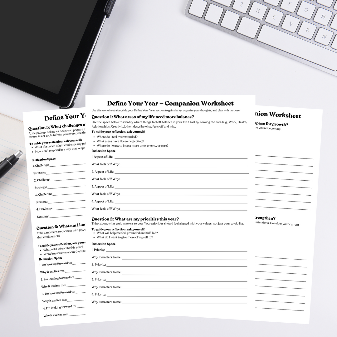 Define Your Year Companion Sheet digital download featuring goal-setting and self-reflection prompts, ideal for personal growth planning in 2024.