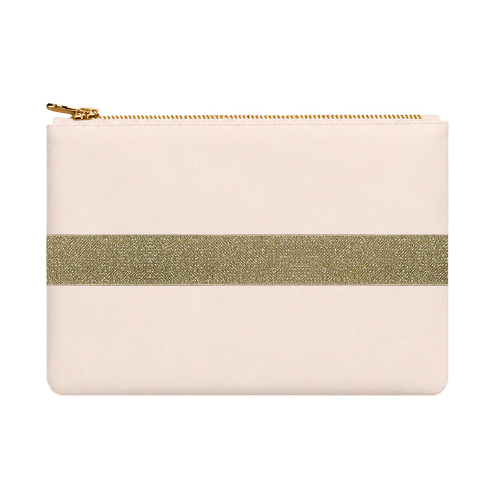 pink pouch with a gold strap on a white background 