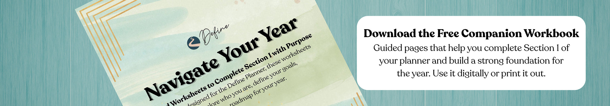 Promotional graphic for a free companion workbook with text and a planner insert.