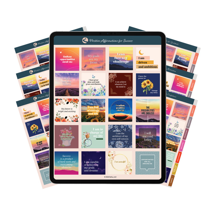 Positive Affirmation Digital Sticker Book – 140 Stickers displayed on a tablet with 7 colorful digital sticker sheets for motivation and self-growth.