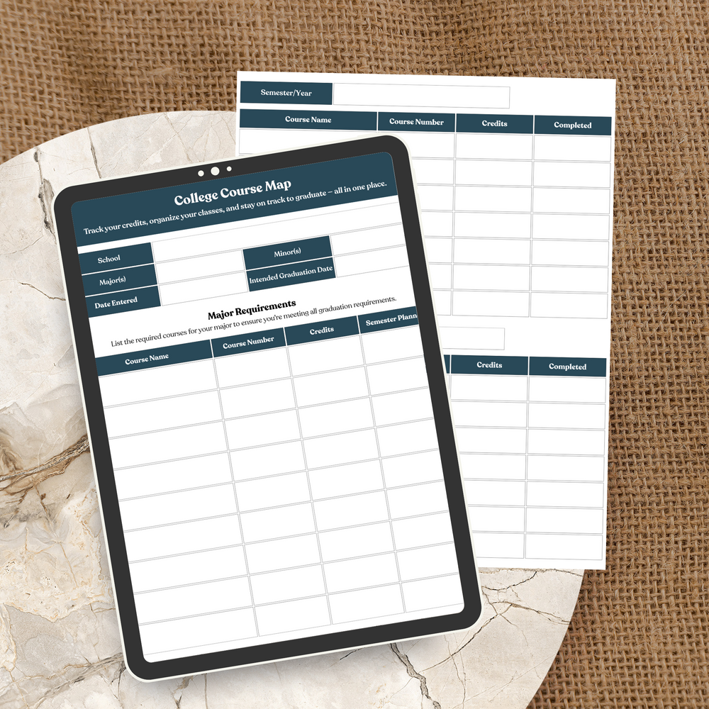 College Course Map organizer for tracking school, major, and graduation requirements. Ideal for students managing course credits and semesters.