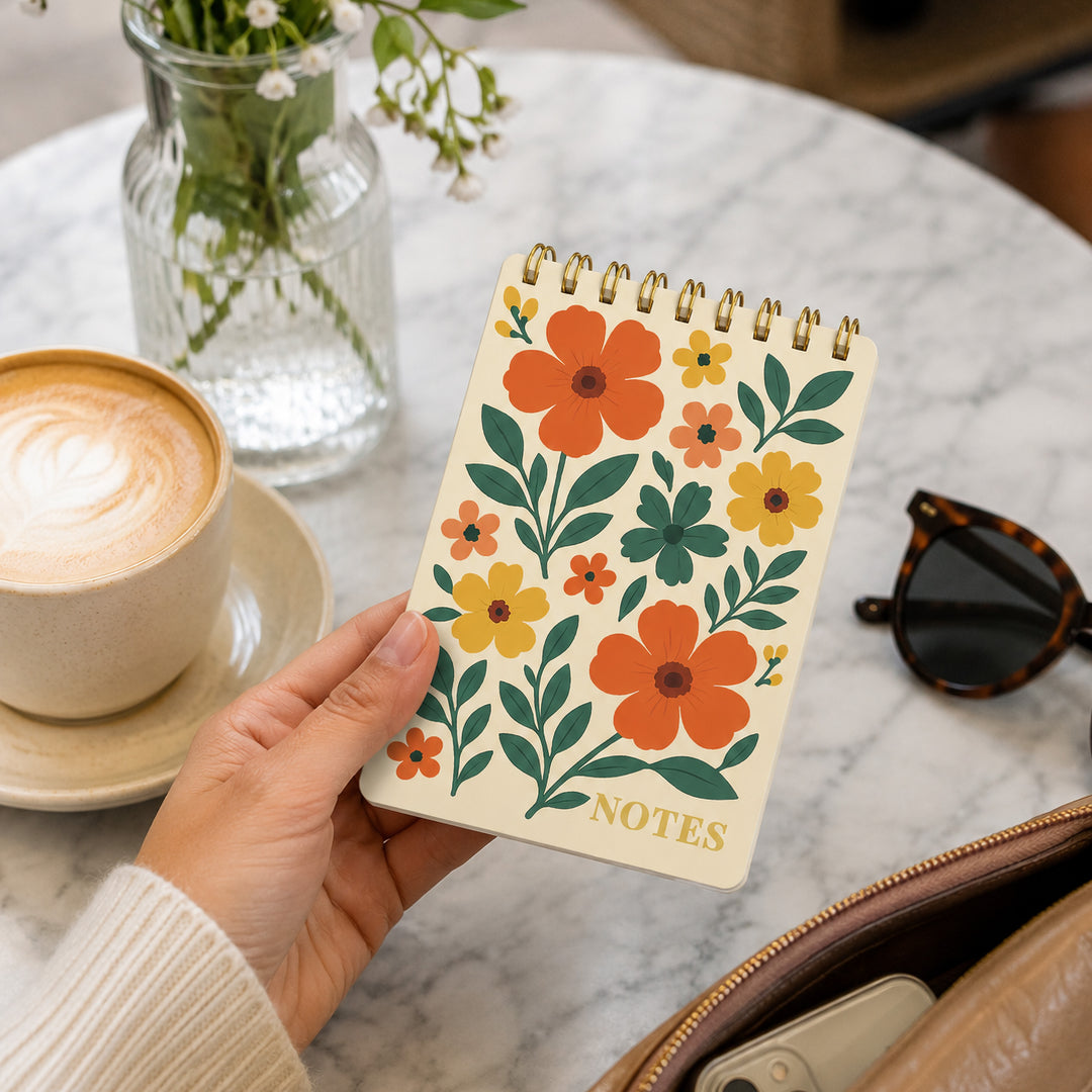 Hand holding a floral notebook with a cup of coffee and sunglasses on a marble table.