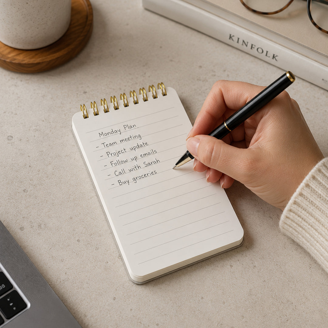 Hand writing in a spiral notebook on a desk with a cup, glasses, and laptop.