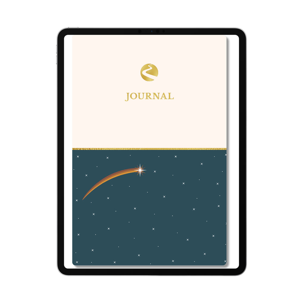 Define Digital Journal with 130 lined pages and hyperlinked tabs, featuring a celestial-themed cover with a shooting star on a tablet screen. #color_starry-sky