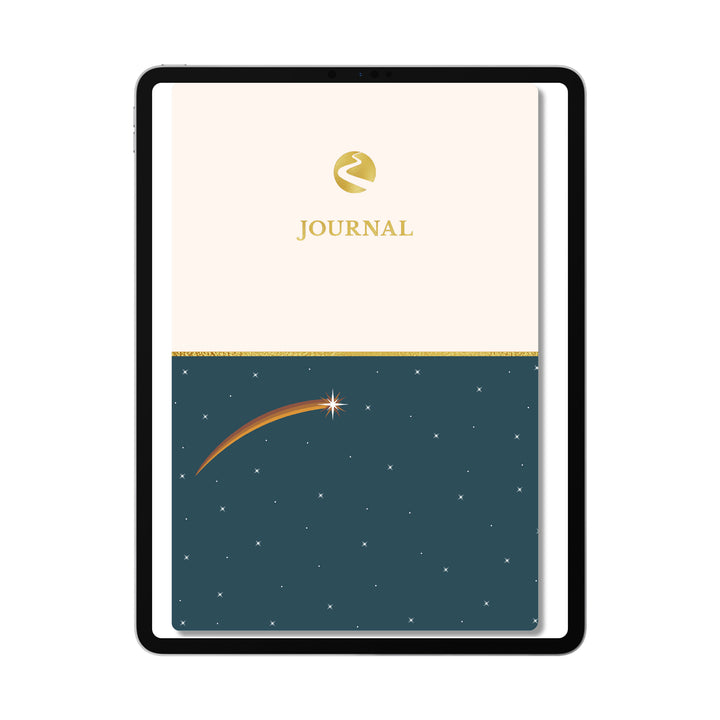 Define Digital Journal with 130 lined pages and hyperlinked tabs, featuring a celestial-themed cover with a shooting star on a tablet screen. 
