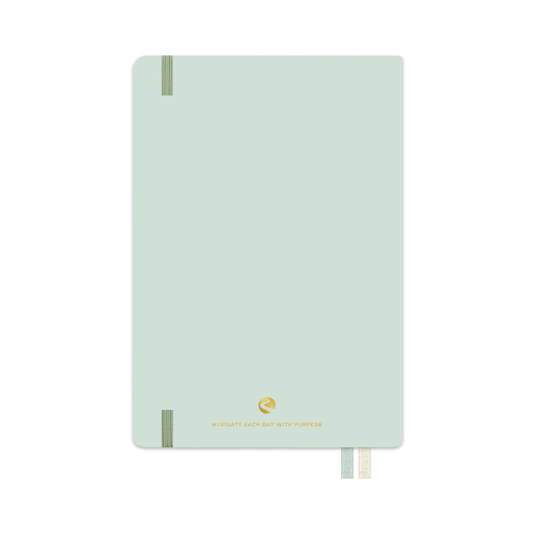 Light green notebook with a brand logo on a white background 