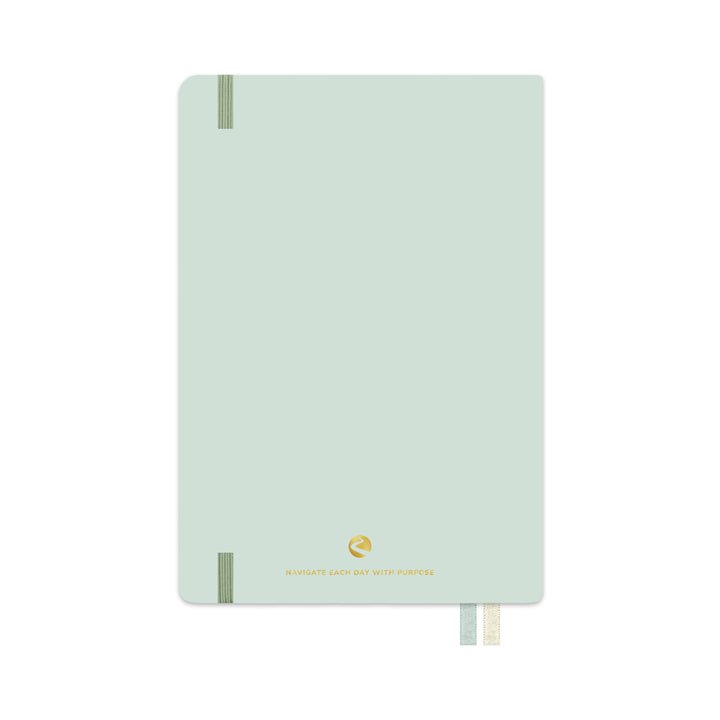 Light green notebook with a brand logo on a white background 